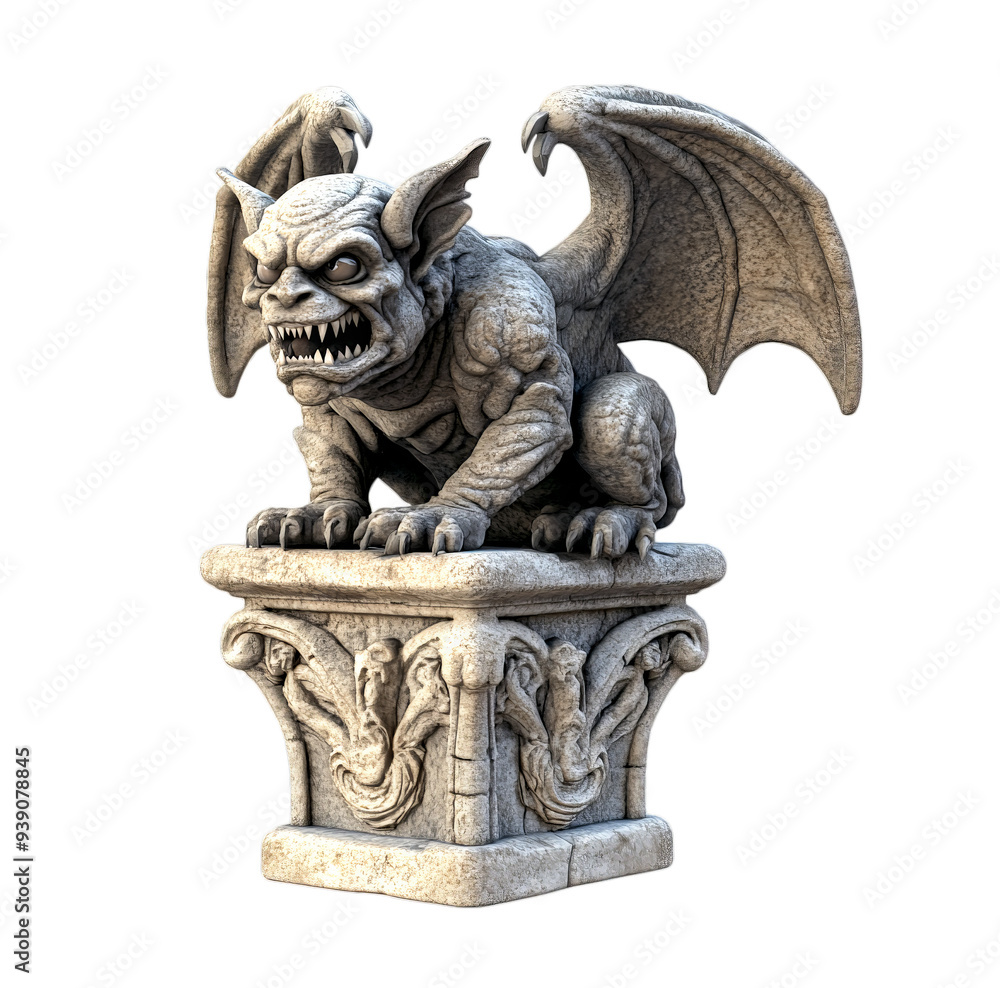 A grotesque gargoyle statue, with leathery wings and a menacing expression, sits atop a stone pedestal.
A grotesque gargoyle statue, with leathery wings and a menacing expression, sits atop a stone pedestal.