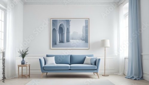 Interior mockup In a white room a blue sofa is placed next to a photo frame on the wall