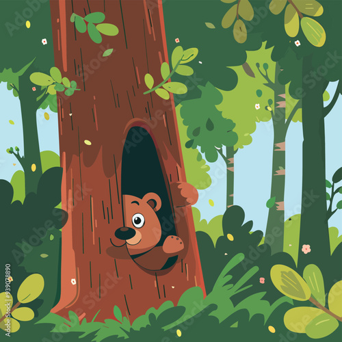 Cute brown bear cub peeking out of tree hollow adorable animal in lush green forest wildlife conservation habitat preservation cartoon illustration background removed