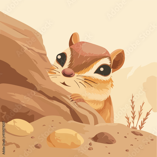 Cute Chipmunk Peeking from Behind Rock Wildlife Illustration Background Desert Animal Rodent Mammal Nature Adorable Cartoon Style Digital Art Wildlife Conservation Graphic Design