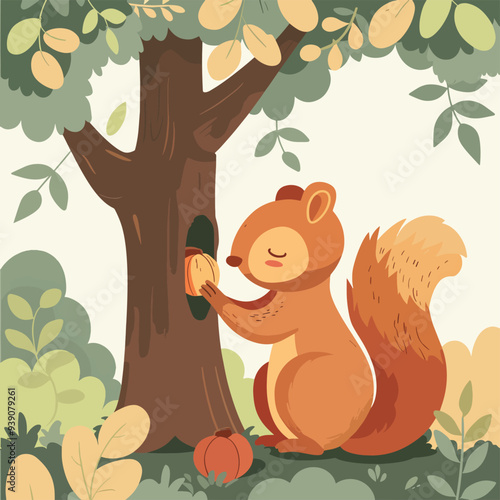Cute cartoon squirrel hiding acorns in a tree trunk for winter forest animals illustration background for kids autumn fall woodland nature scene