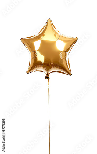 A shiny gold star-shaped balloon, suspended by a string, is isolated on a transparent background.


