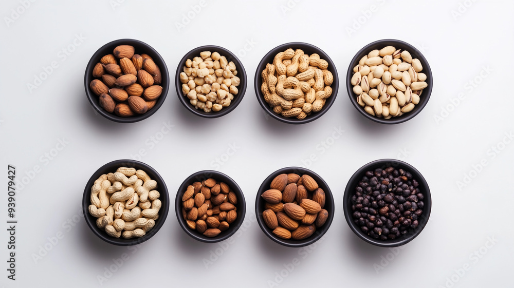 A vibrant assortment of nuts arranged in elegant bowls on a clean white surface, highlighting nature's bounty A vibrant assortment of nuts arranged in elegant bowls on a clean white surface, highlighting nature's bounty