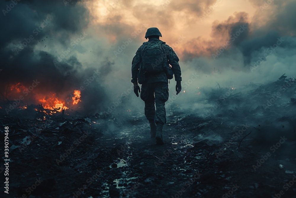 A lone soldier walks through a war-torn battlefield, enveloped in smoke and fog, evoking a haunting atmosphere. Suitable for military themes and remembrance with copy space. A lone soldier walks through a war-torn battlefield, enveloped in smoke and fog, evoking a haunting atmosphere. Suitable for military themes and remembrance with copy space.