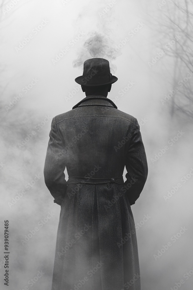Mysterious figure in fog, embodying a noir detective vibe, perfect for Halloween themes, storytelling, or atmospheric designs with copy space. Mysterious figure in fog, embodying a noir detective vibe, perfect for Halloween themes, storytelling, or atmospheric designs with copy space.
