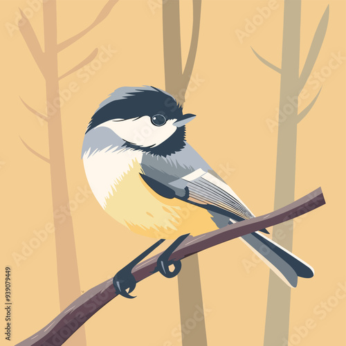 BlackCapped Chickadee Perched On Branch Wildlife Illustration Songbird Nature Ornithology Birdwatching Avian Yellow Background Trees Minimalist Design Digital Art Background