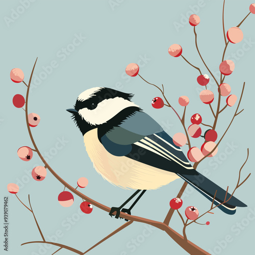 Chickadee Bird On Branch Winter Berries Illustration Nature Wildlife Background Digital Art Design Element Greeting Card Poster Wall Art Print Textile Pattern