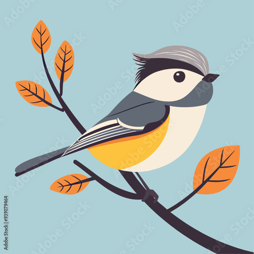 Cute Bird On Branch Wildlife Illustration Nature Ornithology Animal Design Colorful Cartoon Drawing Graphic Vector Blue Yellow Orange Grey Minimalist Flat No Background