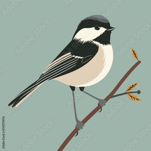 Chickadee Bird On Branch Wildlife Illustration Nature Ornithology Avian Fauna Wing Feather Perched Songbird Minimalist Design Element Isolated Drawing Background