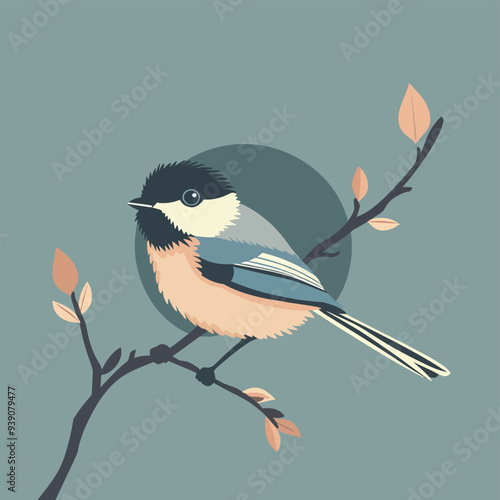 Cute Chickadee Bird Perched On Branch With Leaves Minimalist Illustration Nature Wildlife Animal Spring Background