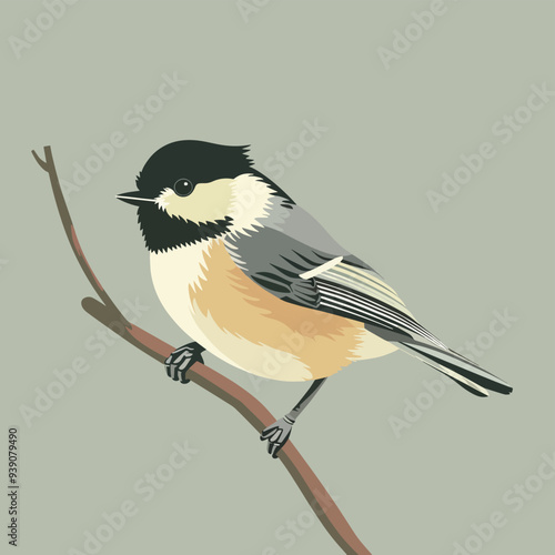 Chickadee Bird On Branch Wildlife Nature Ornithology Songbird Perched Animal Avian Feathered Winged Illustration Background Isolated Graphic Design Element Digital Art Modern Minimal