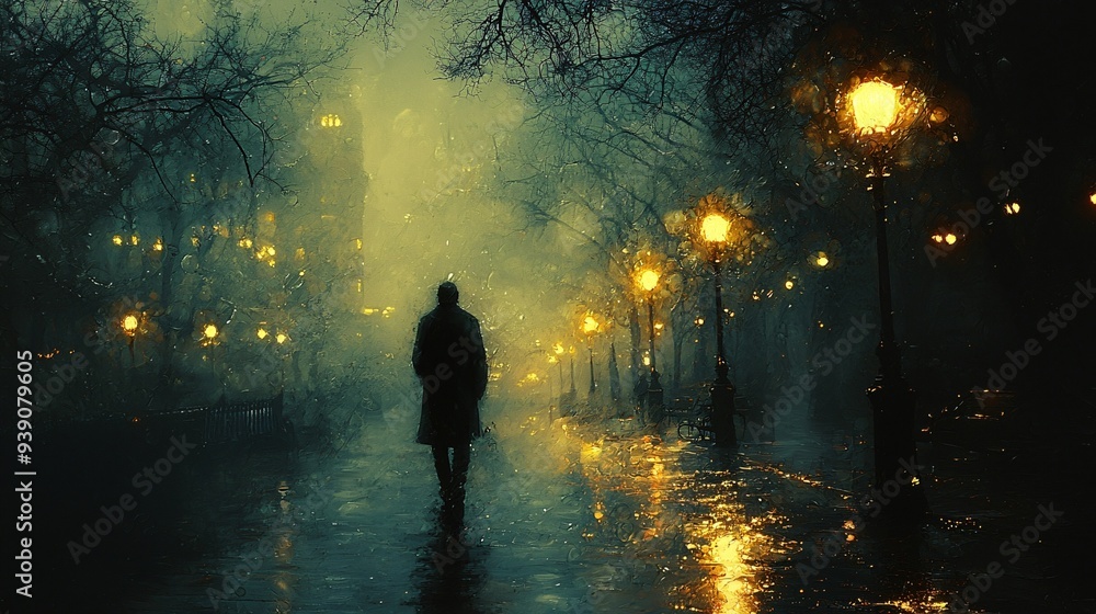 A spooky night scene featuring a man walking alone under streetlights, ideal for Halloween themes and event promotions, with copy space. A spooky night scene featuring a man walking alone under streetlights, ideal for Halloween themes and event promotions, with copy space.