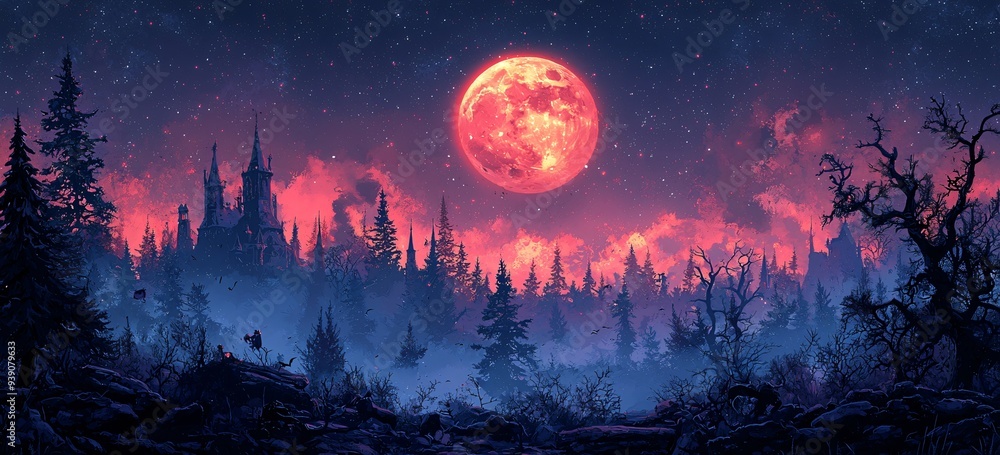 Spooky Halloween landscape featuring a full moon over a dark forest and castle, ideal for decorations, banners, and themed events with copy space. Spooky Halloween landscape featuring a full moon over a dark forest and castle, ideal for decorations, banners, and themed events with copy space.