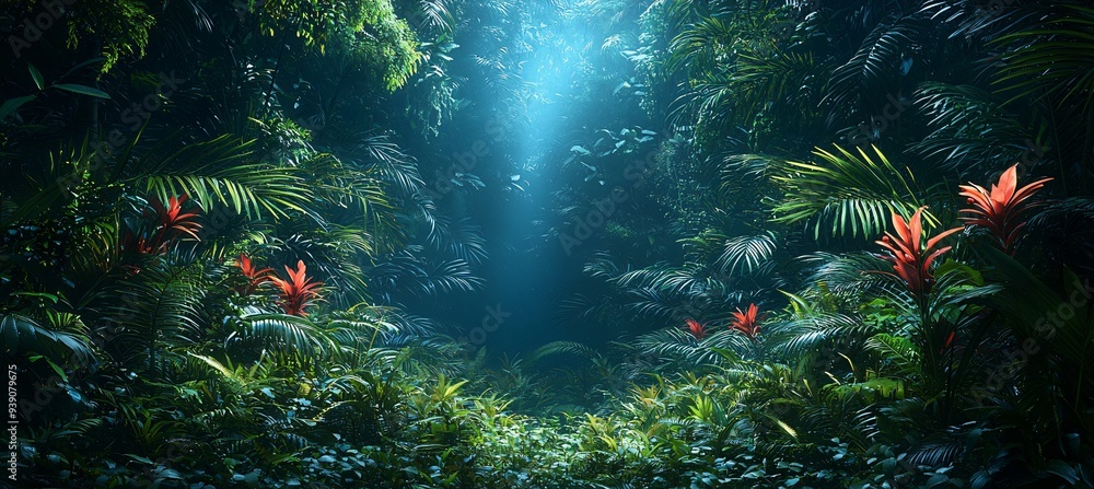 Fototapeta premium A mystical deep tropical jungle shrouded in darkness, perfect for Halloween-themed designs and creative projects with copy space.