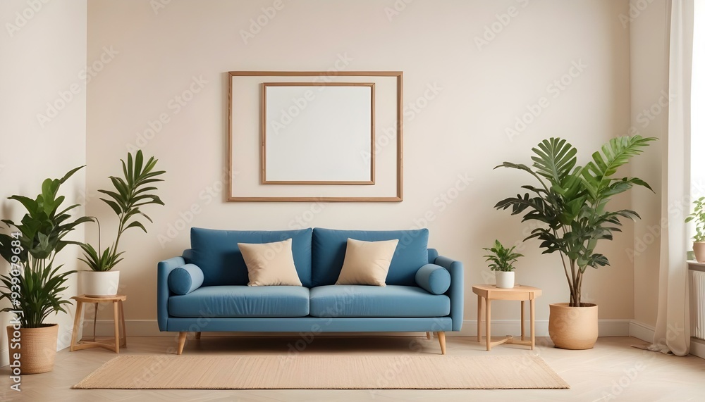 Interior mockup In a white room a blue sofa is placed next to a photo frame on the wall Interior mockup In a white room a blue sofa is placed next to a photo frame on the wall
