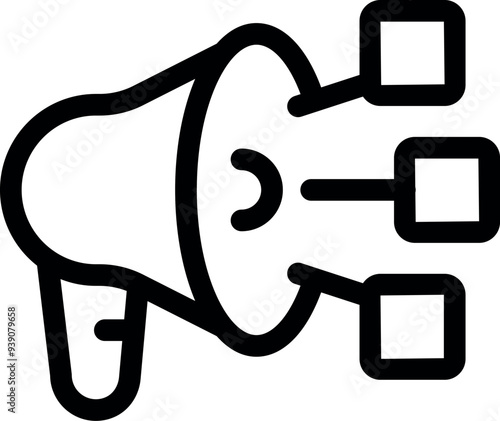Simple icon of a megaphone connecting to different channels, representing the concept of spreading information to a wide audience