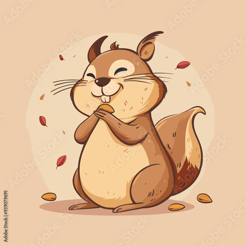 Cute Happy Squirrel Holding Acorn Cartoon Illustration Autumn Wildlife Animal Nature Forest Woodland Rodent Tail Background