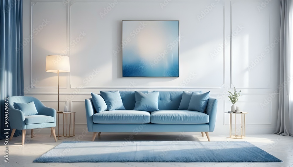 Interior mockup In a white room a blue sofa is placed next to a photo frame on the wall Interior mockup In a white room a blue sofa is placed next to a photo frame on the wall