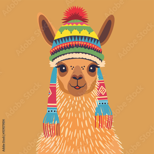 Cute Llama Alpaca Winter Hat Scarf South America Animal Illustration Background