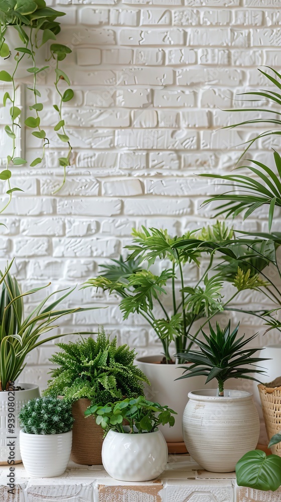 Fototapeta premium Green plants in pots against white brick with room for text Idea of indoor gardening