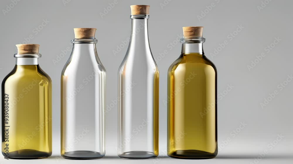 Five glass bottles with golden liquid ready for a tasting Five glass bottles with golden liquid ready for a tasting