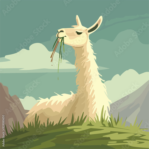 White llama eating grass in the mountains animal wildlife nature south america peru chile fauna wild mammal alpaca fluffy domestic livestock livestock farming agriculture mountain range pasture lands