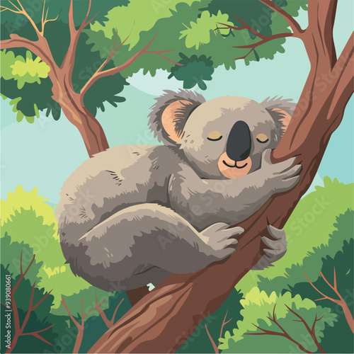 Photography Cute Cartoon Koala Sleeping Peacefully On Tree Branch In Lush Green Forest Wildl