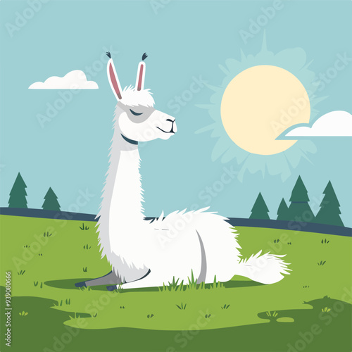 White llama relaxing green grass sunny day cartoon illustration alpaca animal nature wildlife summer field meadow outdoor happy cute fauna wild fur wool mammal peruvian fluffy domestic drawing