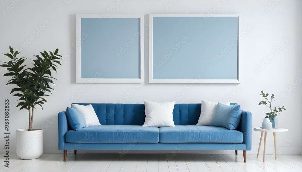 Interior mockup In a white room a blue sofa is placed next to a photo frame on the wall Interior mockup In a white room a blue sofa is placed next to a photo frame on the wall