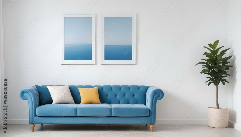 Interior mockup In a white room a blue sofa is placed next to a photo frame on the wall Interior mockup In a white room a blue sofa is placed next to a photo frame on the wall