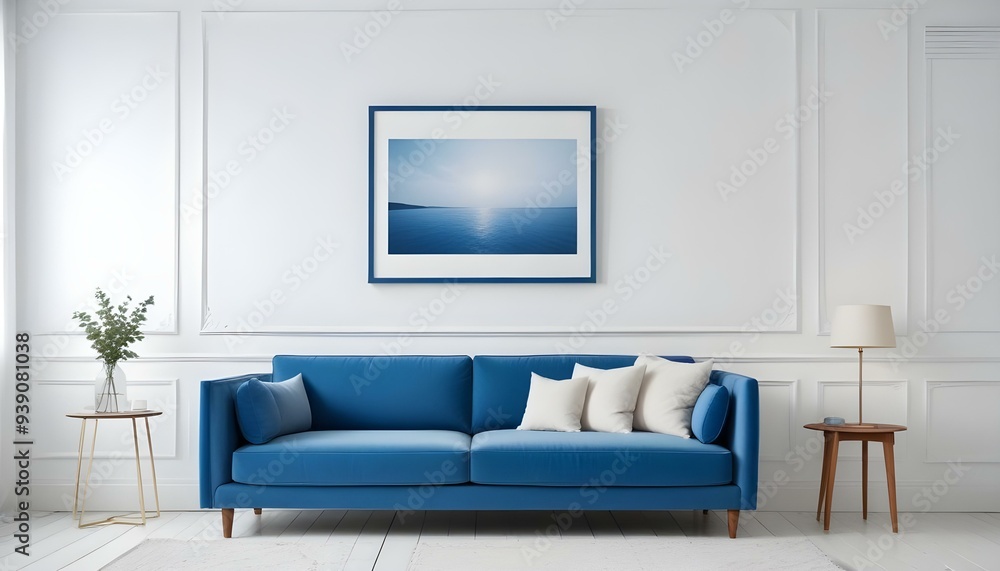 Interior mockup In a white room a blue sofa is placed next to a photo frame on the wall Interior mockup In a white room a blue sofa is placed next to a photo frame on the wall