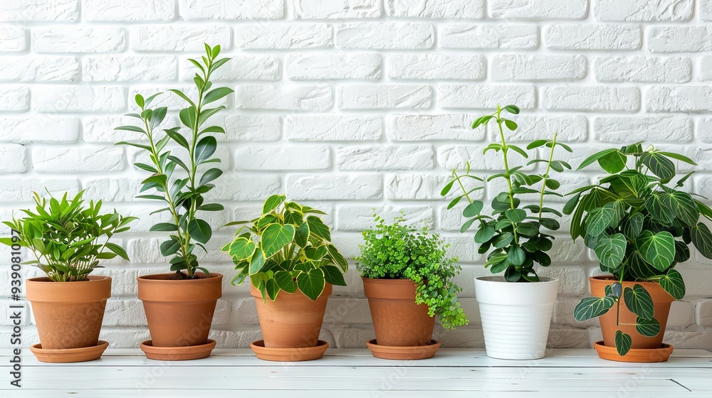Green plants in pots against white brick with room for text Idea of indoor gardening Green plants in pots against white brick with room for text Idea of indoor gardening