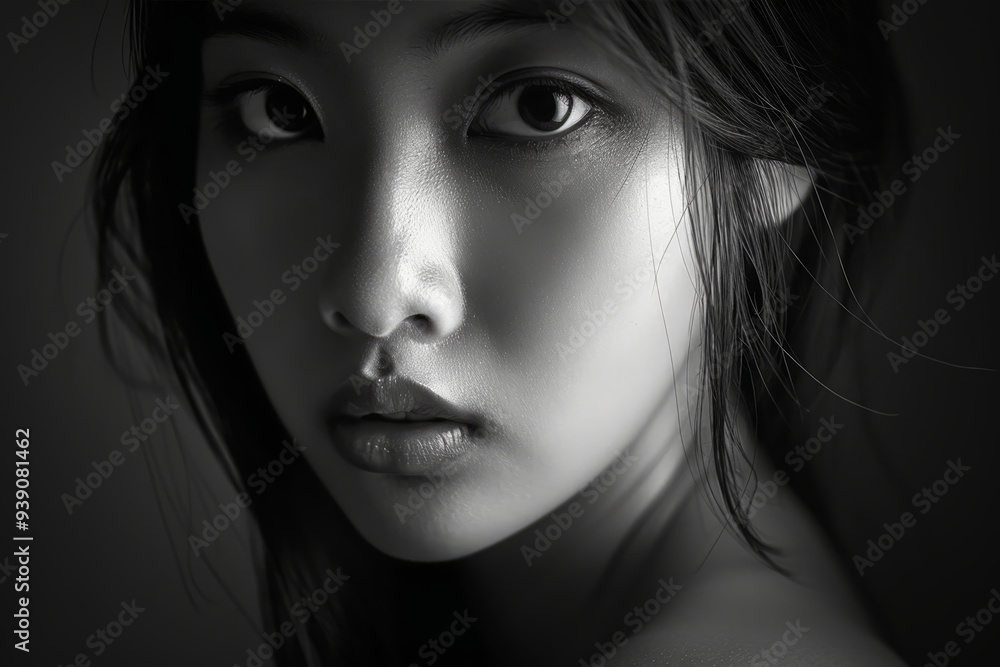 A young woman gazes into the camera with an intense expression, her features illuminated softly to enhance her natural beauty A young woman gazes into the camera with an intense expression, her features illuminated softly to enhance her natural beauty