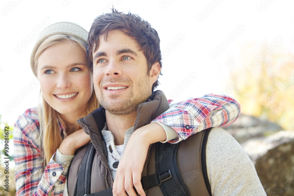 Thinking, hike or happy couple hug in woods for travel, outdoor adventure or trekking journey in nature. Support, view or people in forest together for holiday vacation, trip or break to explore park Thinking, hike or happy couple hug in woods for travel, outdoor adventure or trekking journey in nature. Support, view or people in forest together for holiday vacation, trip or break to explore park