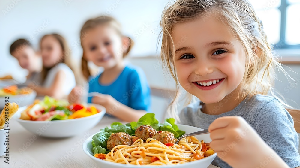 A joyful child enjoying a plate of spaghetti with meatballs, surrounded by friends at a bright, cheerful dining table. A joyful child enjoying a plate of spaghetti with meatballs, surrounded by friends at a bright, cheerful dining table.