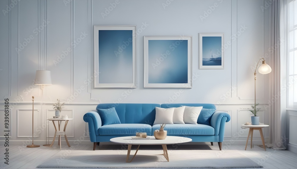 Interior mockup In a white room a blue sofa is placed next to a photo frame on the wall Interior mockup In a white room a blue sofa is placed next to a photo frame on the wall