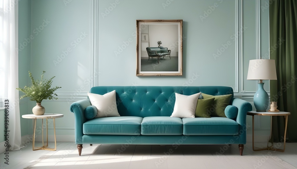 Interior mockup In a white room a blue sofa is placed next to a photo frame on the wall Interior mockup In a white room a blue sofa is placed next to a photo frame on the wall