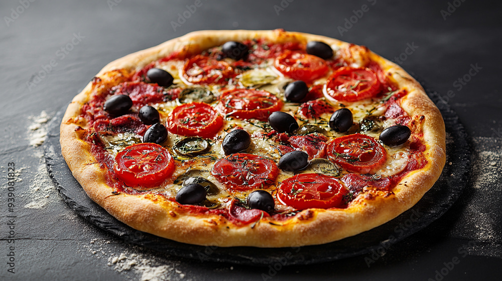 A freshly baked pizza topped with ripe tomatoes, black olives, and aromatic herbs on a dark stone surface, ready to be enjoyed A freshly baked pizza topped with ripe tomatoes, black olives, and aromatic herbs on a dark stone surface, ready to be enjoyed
