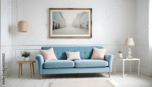 Interior mockup In a white room a blue sofa is placed next to a photo frame on the wall