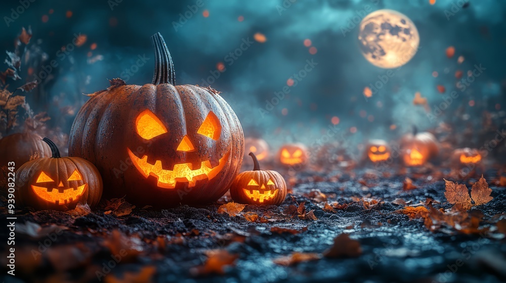Pumpkin patch with a variety of carved jack-o'-lanterns, autumn leaves, and a full moon in the background Halloween Pumpkin patch with a variety of carved jack-o'-lanterns, autumn leaves, and a full moon in the background Halloween