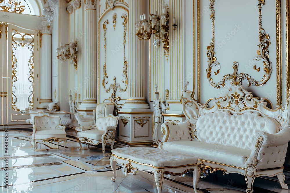 Light luxury royal posh interior in baroque style. White hall with expensive oldstyle furniture. Light luxury royal posh interior in baroque style. White hall with expensive oldstyle furniture.