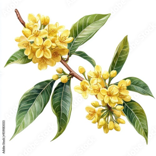 Sweet Osmanthus with artistic border, brushstroke effect, isolated on white background, watercolor on white background, no blur, photo not dark, everything is clear, copy space
