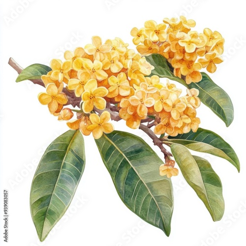 Sweet Osmanthus with artistic border, brushstroke effect, isolated on white background, watercolor on white background, no blur, photo not dark, everything is clear, copy space