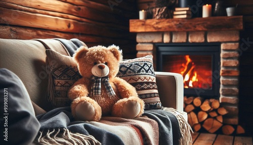Teddy vor einem Kamin