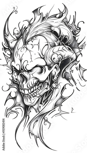 Tribal Skull and Grimacing Jester Tattoo black and white illustration