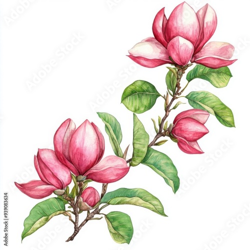 Magnolia Champaca with refined border, rich pigment tones, isolated on white background, watercolor on white background, no blur, photo not dark, everything is clear, copy space