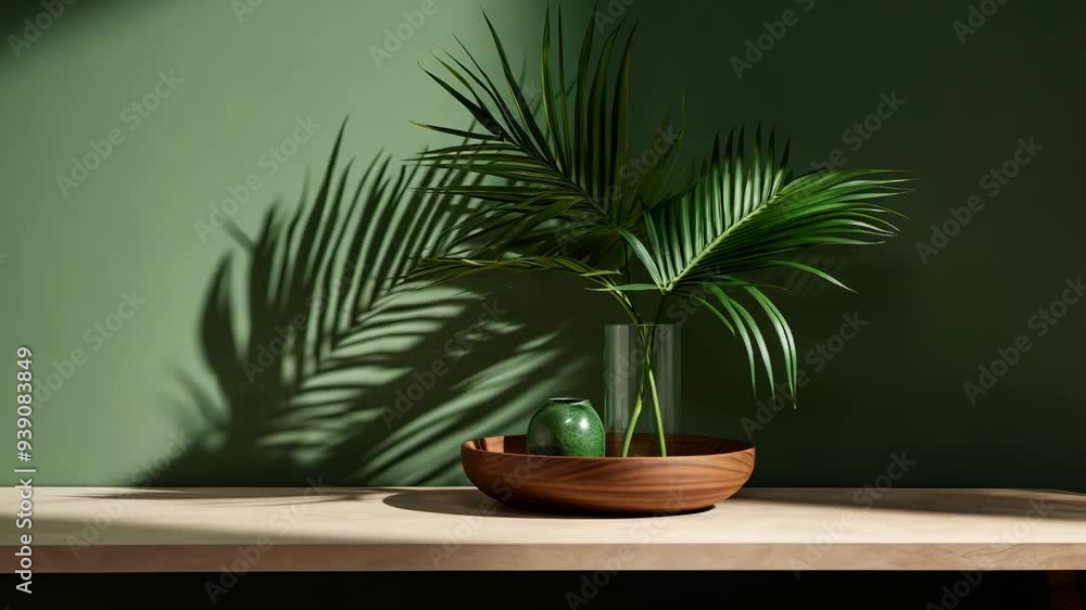 Minimalist background with a green palm plant in a wooden bowl and vase on a table, the shadow of leaves on the wall Minimalist background with a green palm plant in a wooden bowl and vase on a table, the shadow of leaves on the wall