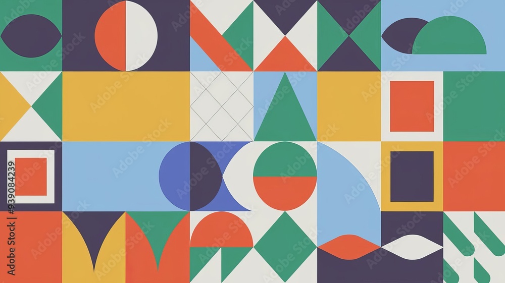 illustration of a cool abstract geometric shapes background. There are various shapes in different sizes and colors, including circles, triangles, squares, and hexagons