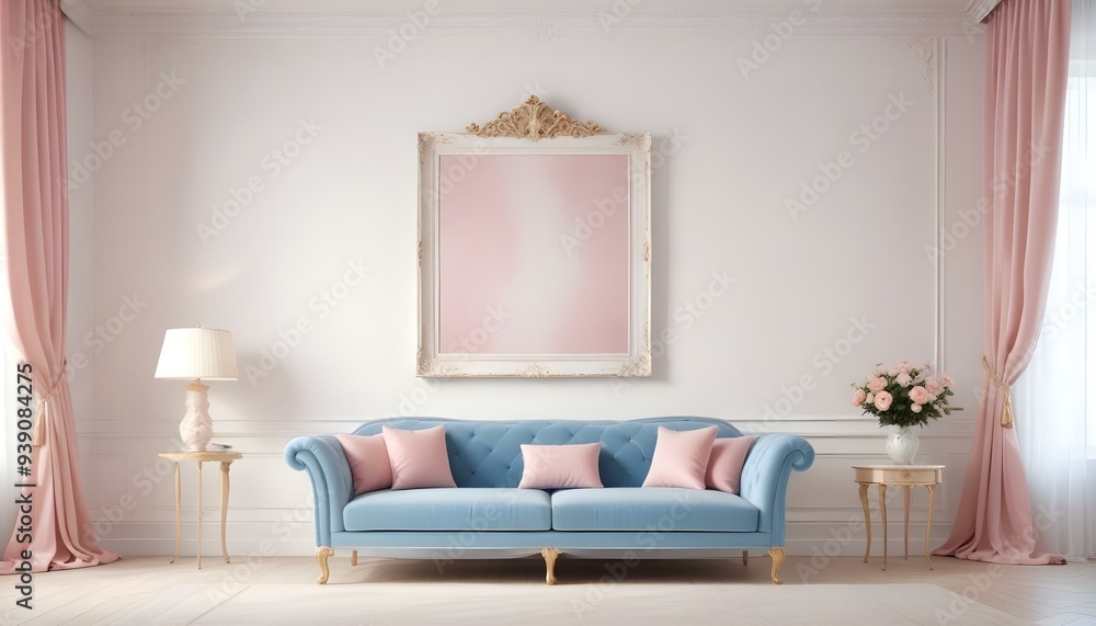Interior mockup In a white room a blue sofa is placed next to a photo frame on the wall Interior mockup In a white room a blue sofa is placed next to a photo frame on the wall