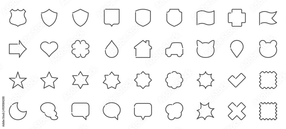 Blank shapes of shields, stars, speech bubbles, etc. Set of line icons. Web design elements at 48x48 pixels. Vector illustration Blank shapes of shields, stars, speech bubbles, etc. Set of line icons. Web design elements at 48x48 pixels. Vector illustration